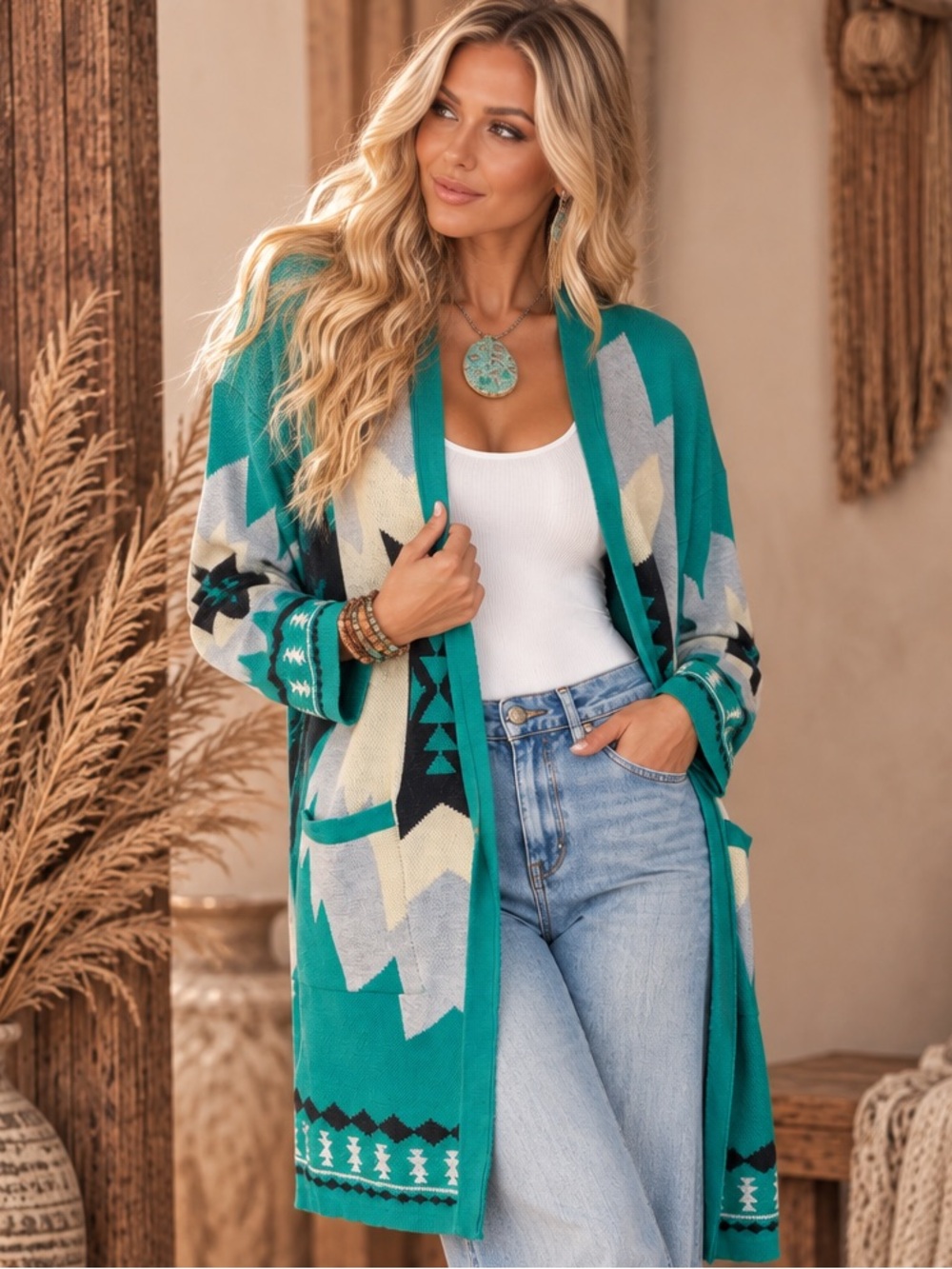 Teal Aztec Open-Front Cardigan Sweater